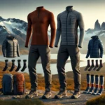 Colección de ropa de trekking para hombres en un entorno de montaña patagónica, mostrando prendas técnicas y funcionales sobre maniquíes sin cabeza en bases de madera.