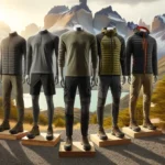 Colección de ropa de trekking para hombres 2024 en un entorno de montaña patagónica, mostrando prendas técnicas y funcionales sobre maniquíes sin cabeza en bases de madera.