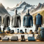 Colección de ropa de trekking para hombres en un entorno de montaña patagónica, mostrando prendas técnicas y funcionales sobre maniquíes sin cabeza en bases de madera.
