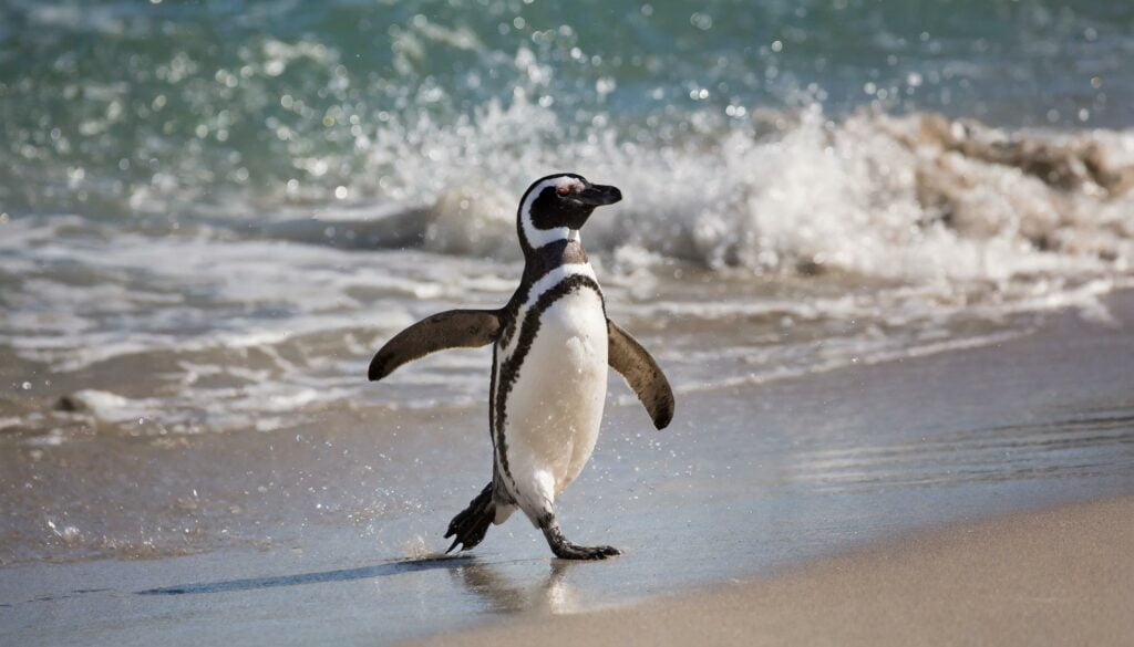 Pinguino (spheniscus magellanicus) caminando por la playa de madryn