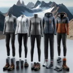 Complete Set of Women's Trekking Apparel for 2024 - Featuring a technical long-sleeve top, versatile fleece, water-resistant shell jacket, insulated down jacket, and full-length trekking pants, all set against a stunning Patagonian mountain backdrop.